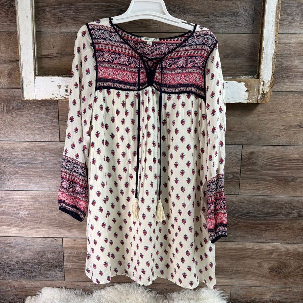 Tassels N Lace Small Boho Tunic Dress Floral Tassel Tie Cottagecore Chic Vintage